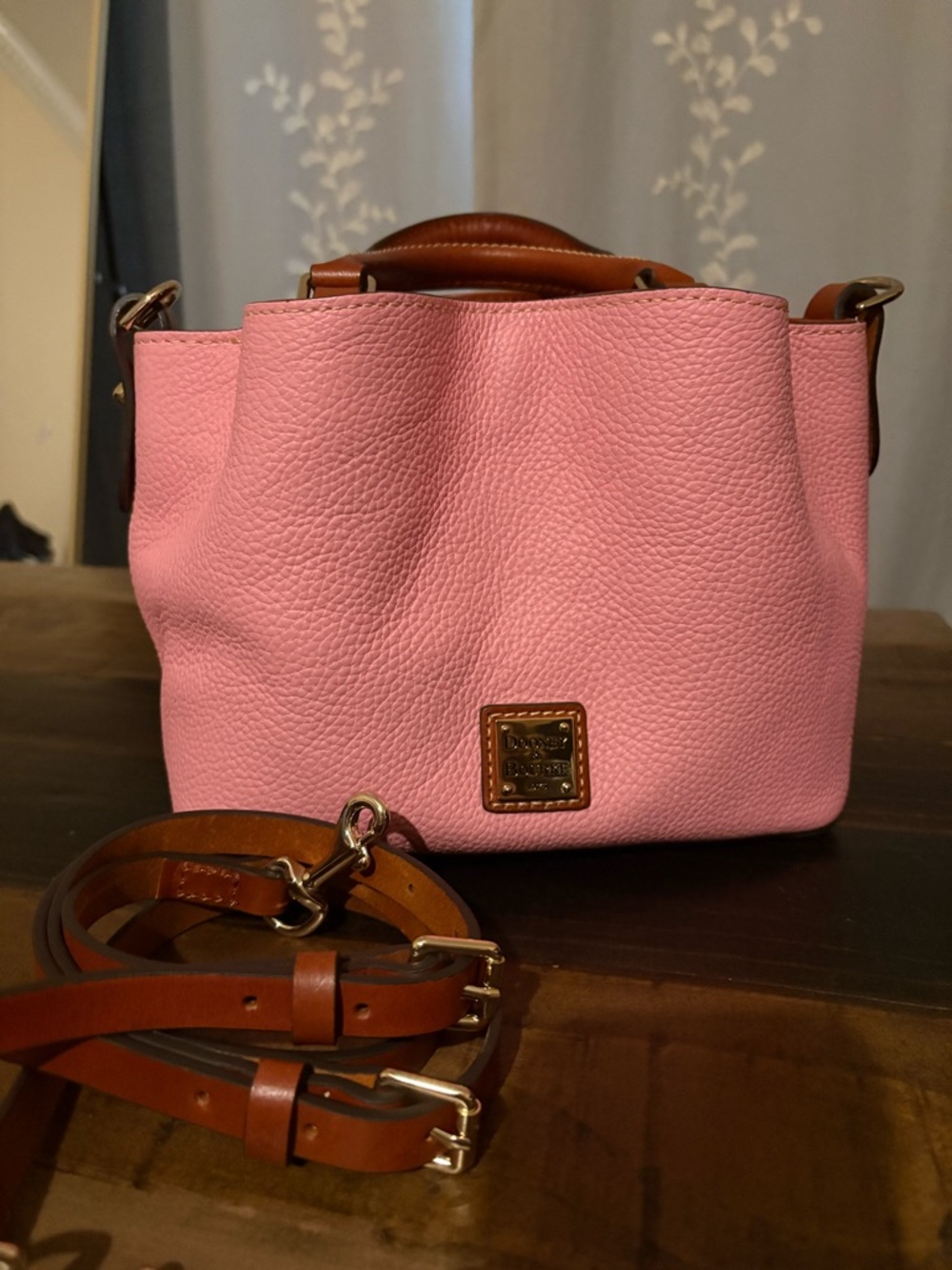 Dooney & Bourke Mini Barlow Pink Pebbled Leather Crossbody with Brown Strap